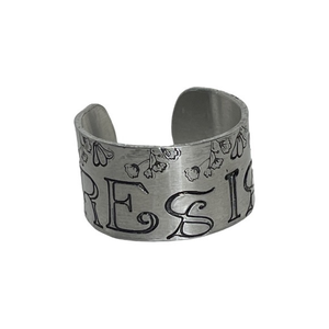 Handmade 9 stamped Resist floral silver hypoallergenic adjustable wide cuff ring